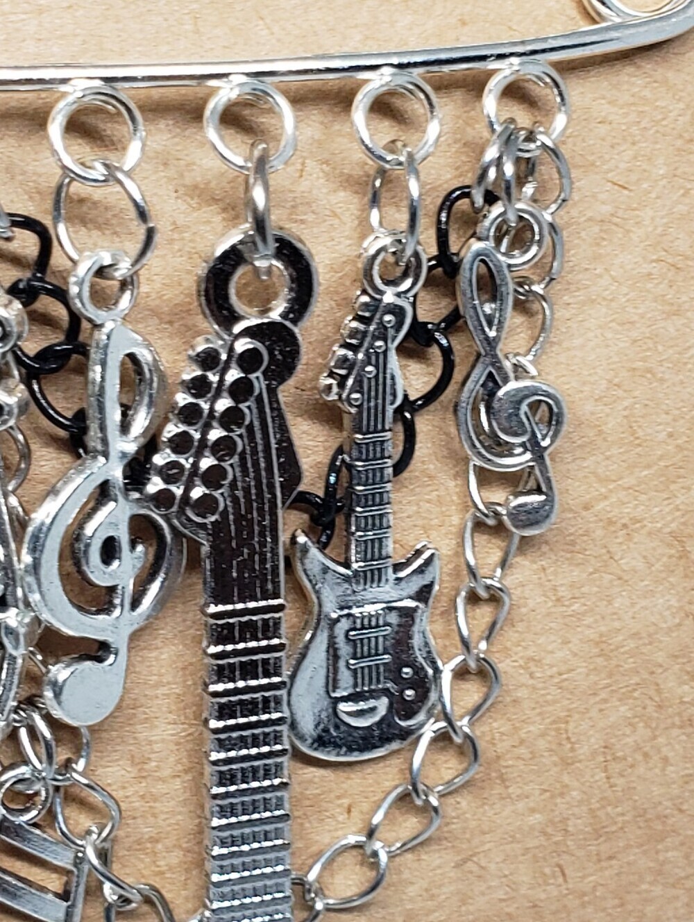Handmade Black Silver Guitar Music Charm Safety Pin Brooch - Picture 4 of 5